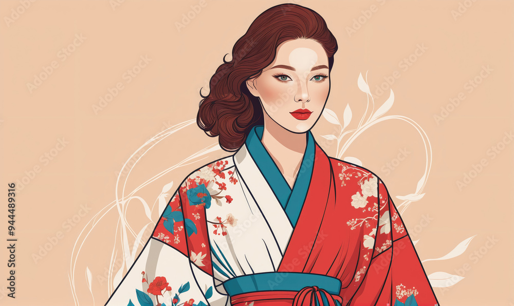 A woman in a traditional Japanese kimono stands against a light peach background A woman in a traditional Japanese kimono stands against a light peach background