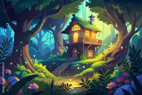 A magical treehouse nestled in a vibrant forest, adorned with glowing yellow light, surrounded by lush vegetation, flowers, and whimsical architecture.
