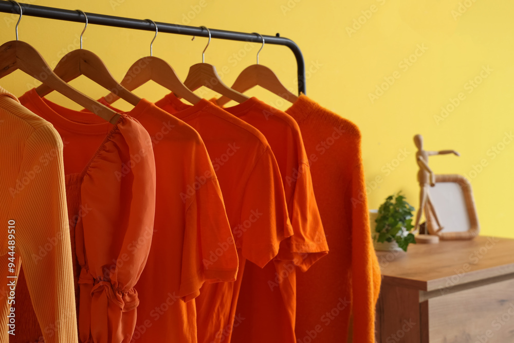 Obraz premium Rack with hanging orange clothes in hallway, closeup