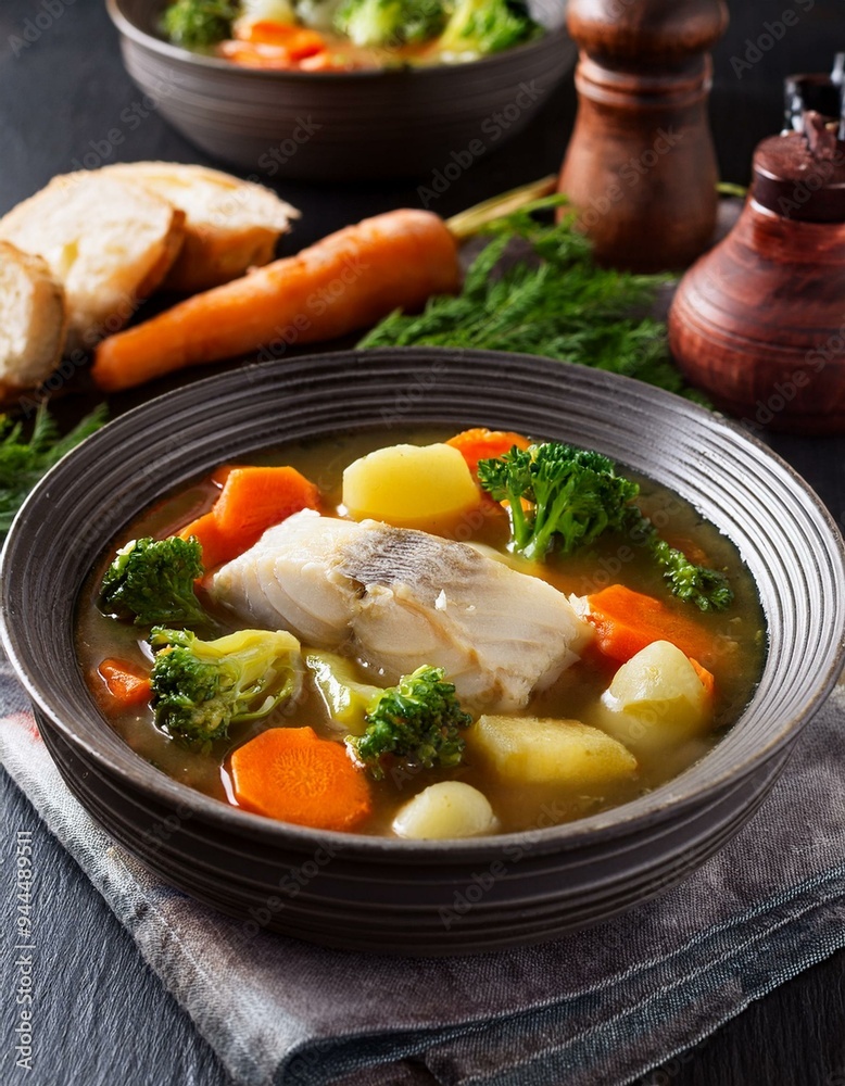 Norwegian cod stew (klippfiskgryte) with root vegetables and a rich broth Norwegian cod stew (klippfiskgryte) with root vegetables and a rich broth