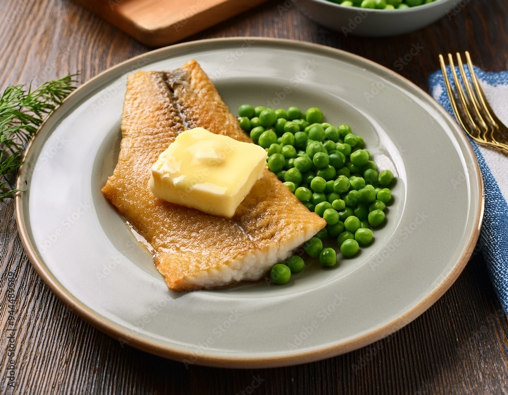 Traditional Norwegian lutefisk with melted butter, peas, and lefse on a plate Traditional Norwegian lutefisk with melted butter, peas, and lefse on a plate