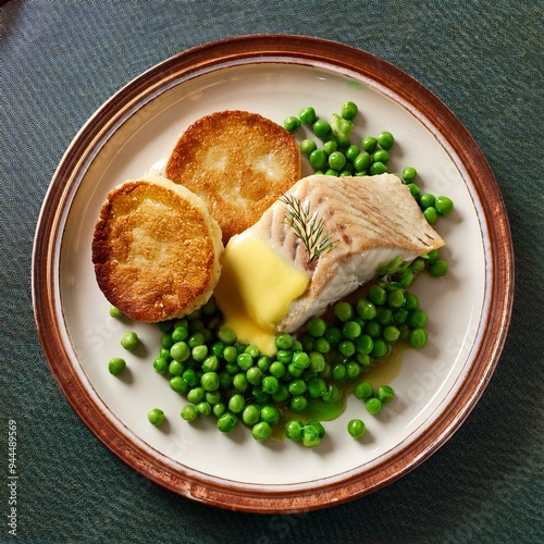 Traditional Norwegian lutefisk with melted butter, peas, and lefse on a plate photo