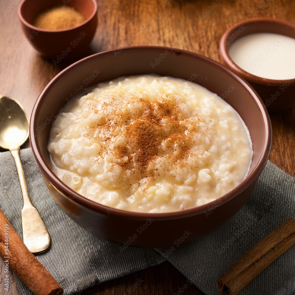 Norwegian risengrynsgrøt (rice porridge) with a dollop of cinnamon sugar and milk Norwegian risengrynsgrøt (rice porridge) with a dollop of cinnamon sugar and milk