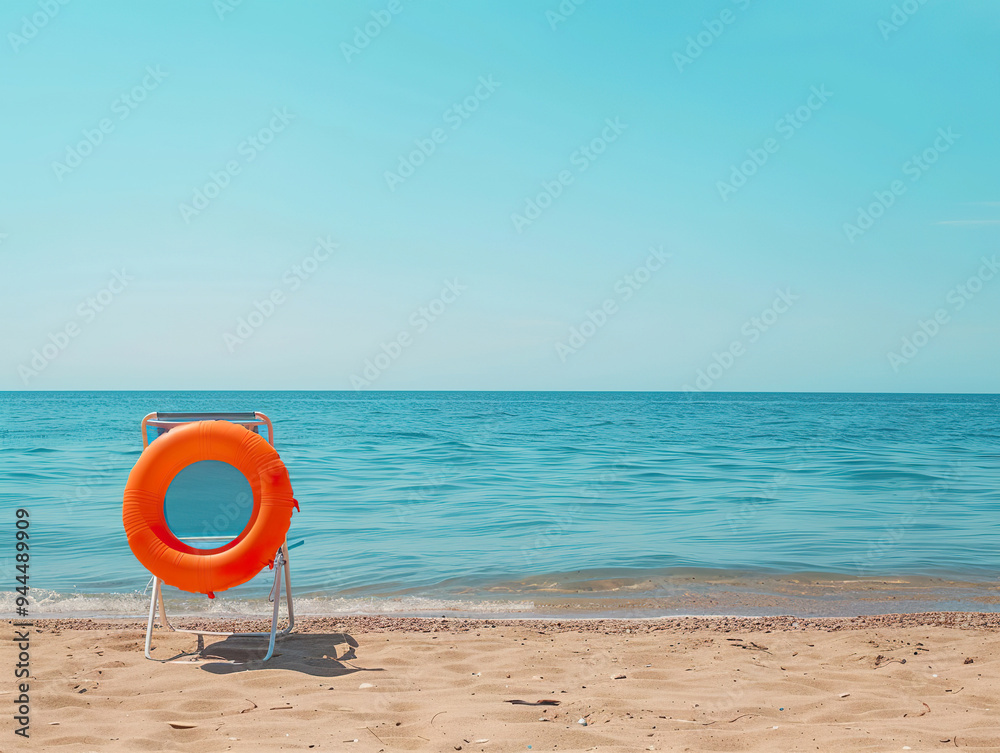 Obraz premium A beach scene with a life preserver on the sand.