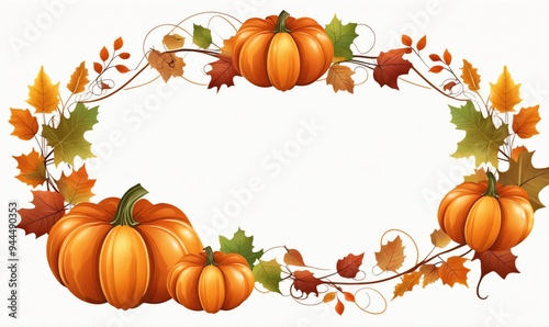 A fall wreath of orange pumpkins and autumn leaves