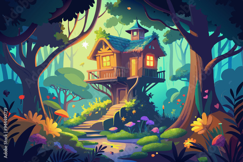 A magical treehouse nestled in a vibrant forest, adorned with glowing yellow light, surrounded by lush vegetation, flowers, and whimsical architecture.
