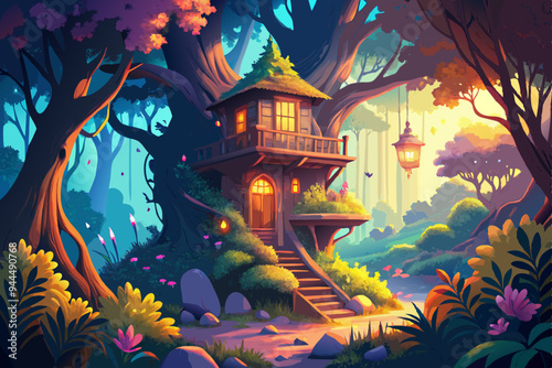 A magical treehouse nestled in a vibrant forest, adorned with glowing yellow light, surrounded by lush vegetation, flowers, and whimsical architecture.

