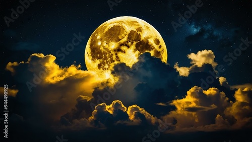 yellow themed dramatic clouds in night sky with stunning moon background photo