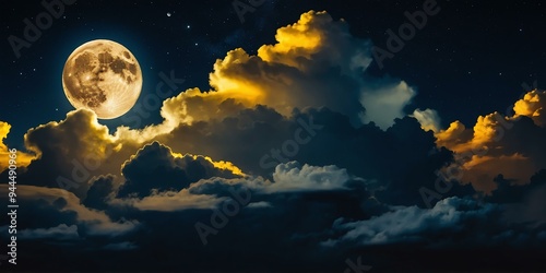 yellow themed dramatic clouds in night sky with stunning moon background photo