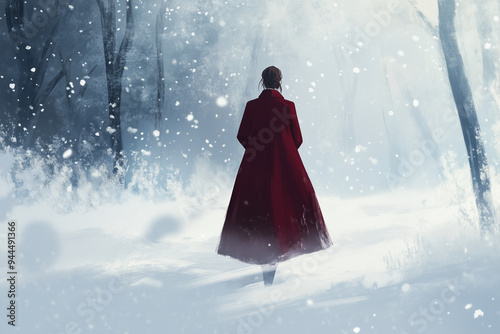 woman in a red coat walking in snowy forest