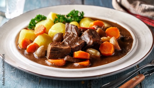 Plate of Norwegian reindeer stew (røkt reinsdyr) with root vegetable photo