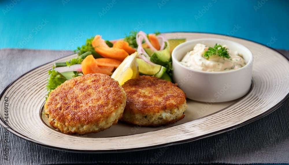 Norwegian fish cakes (fiskekaker) served with a side of remoulade and fresh vegetables Norwegian fish cakes (fiskekaker) served with a side of remoulade and fresh vegetables