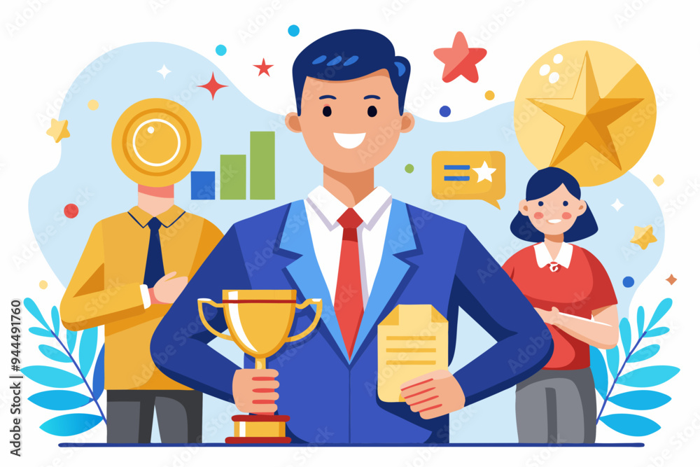 Employee of the month award winner, high performance champion, gold medal reward, success or victory recognition prize, leadership or achievement concept, success businessman holding trophy badge.
Employee of the month award winner, high performance champion, gold medal reward, success or victory recognition prize, leadership or achievement concept, success businessman holding trophy badge.