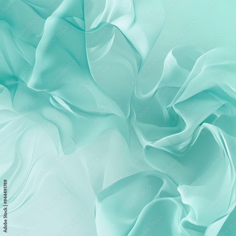 Obraz premium abstract pattern of soft flowing folds that resemble fabric or waves, monochromatic light turquoise or mint green background. cover, backdrop for beauty products advertising, packaging design concept.