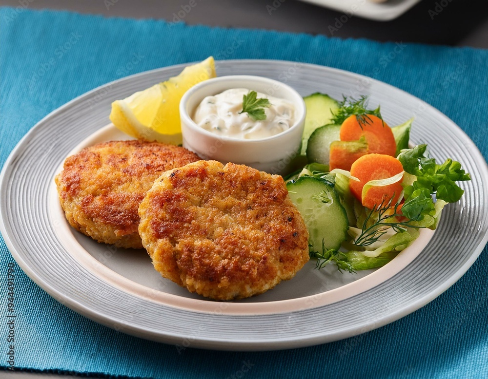 Norwegian fish cakes (fiskekaker) served with a side of remoulade and fresh vegetables Norwegian fish cakes (fiskekaker) served with a side of remoulade and fresh vegetables