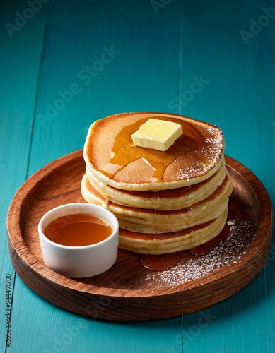 Traditional Norwegian sveler (pancakes) served with butter and syrup on a wooden plate - traditional norwegian dish