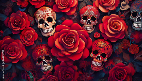 Fototapeta Naklejka Na Ścianę i Meble -  A vibrant sugar skull celebrates the Day of the Dead, surrounded by red roses and intricate patterns, symbolizing life and remembrance during this traditional holiday.