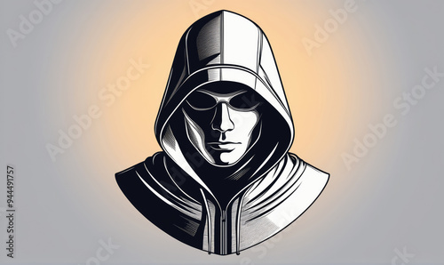 Illustration of a hooded figure wearing sunglasses stares intently into the distance photo