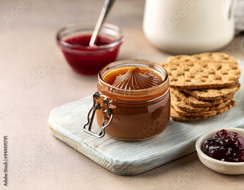 Traditional Norwegian brunost (brown cheese) served with crispbread and fruit preserves photo