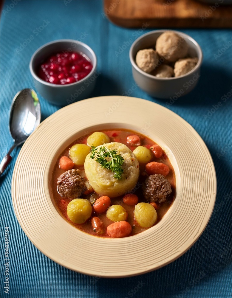 Norwegian root vegetable casserole (rotmos) with a side of meatballs and lingonberry sauce Norwegian root vegetable casserole (rotmos) with a side of meatballs and lingonberry sauce