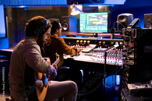 Young artist performer singing a new song on guitar in professional studio, sound engineer listening to the tunes before mixing them on console. Skilled musician creating music on instrument. photo