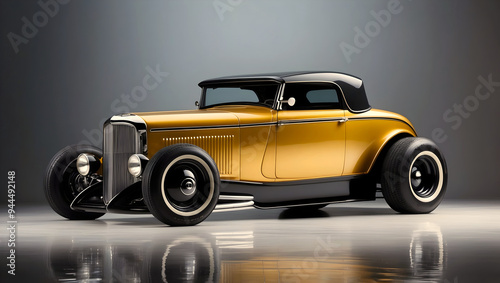 Beautiful unique golden yellow vintage hot rod car, automotive background, tuning template, wallpaper, auto transport	 photo