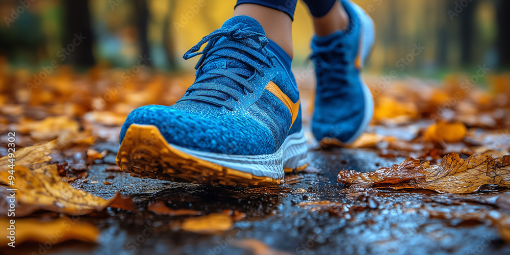 close-up of feet with sneakers running on a street and autumn landscape behind close-up of feet with sneakers running on a street and autumn landscape behind