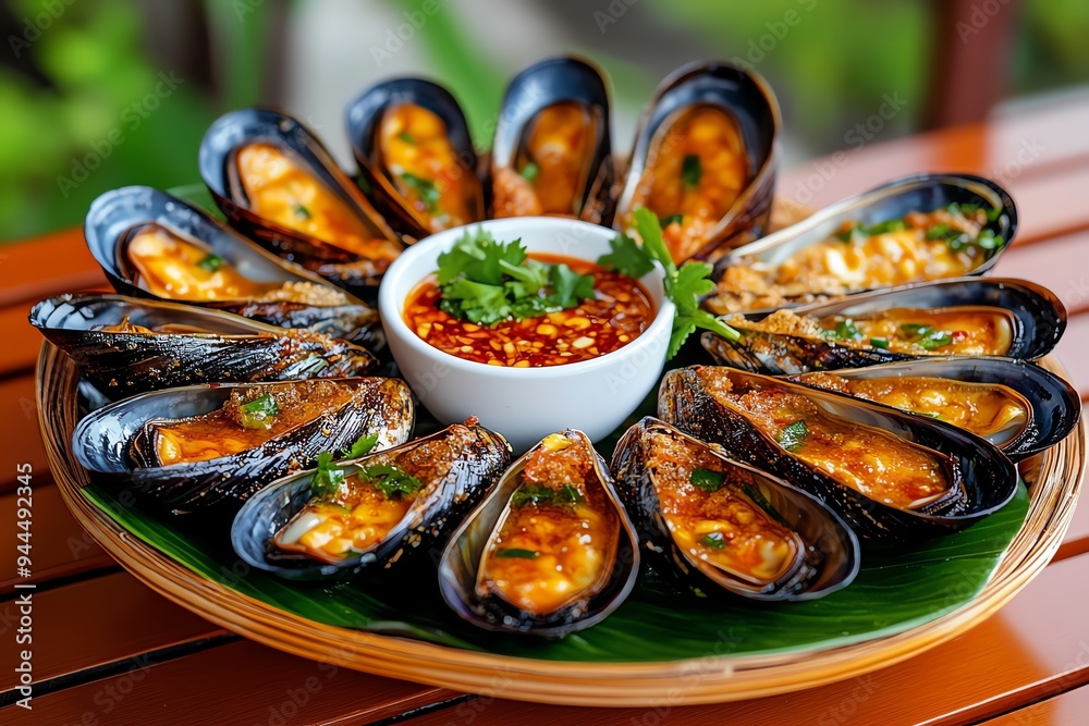 A platter of Hoi Tod, crispy Thai-style mussel omelette served with a sweet and spicy dipping sauce A platter of Hoi Tod, crispy Thai-style mussel omelette served with a sweet and spicy dipping sauce