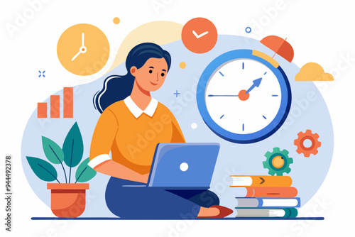 Part-time job, work tracking system, day planning or time management, side hustle or office work deadline, start and end time schedule concept, businesswoman working with laptop on split time clock. 
