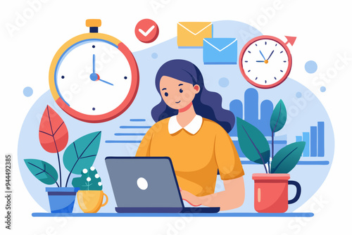 Part-time job, work tracking system, day planning or time management, side hustle or office work deadline, start and end time schedule concept, businesswoman working with laptop on split time clock. 
