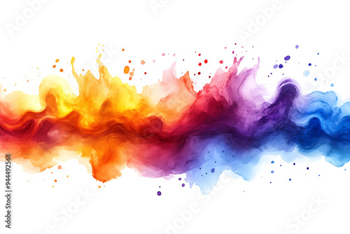 Vibrant watercolor splash blending orange, red, purple, and blue hues on a white background, creating a dynamic abstract design. 