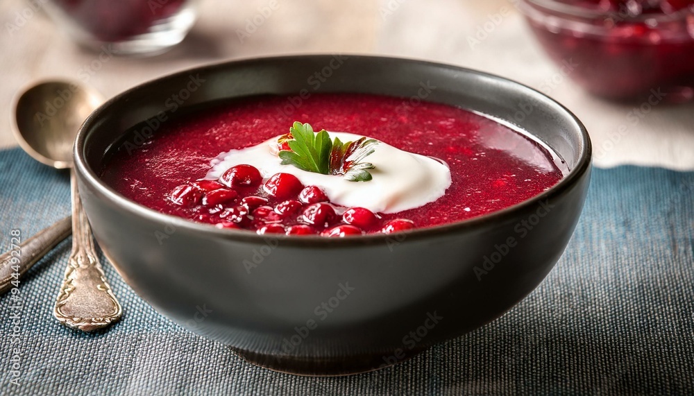 Close-up of Norwegian berry soup (bærsyltetøy) made with lingonberries and served with cream - traditional Norwegian dish Close-up of Norwegian berry soup (bærsyltetøy) made with lingonberries and served with cream - traditional Norwegian dish