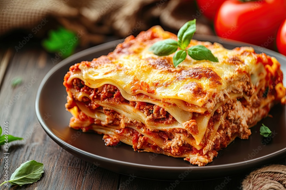 Portion of lasagna on a plate Portion of lasagna on a plate