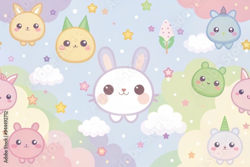 Wallpaper Mural Charming pastel creatures dance among fluffy clouds and sparkling stars in a whimsical illustration perfect for children's decor or playful designs. Generative AI Torontodigital.ca