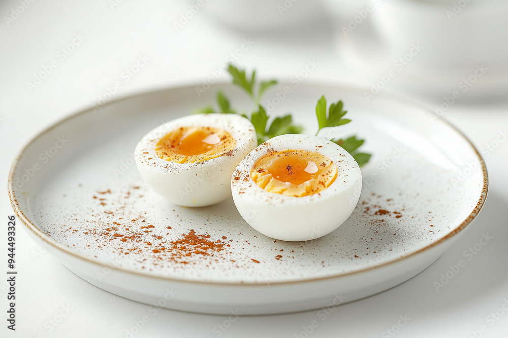 Soft boiled eggs with parsley and spicies on white plate. Soft boiled eggs with parsley and spicies on white plate.