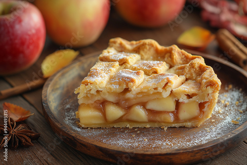 Piece of apple pie on wooden table surrounded by red apples and spices. photo