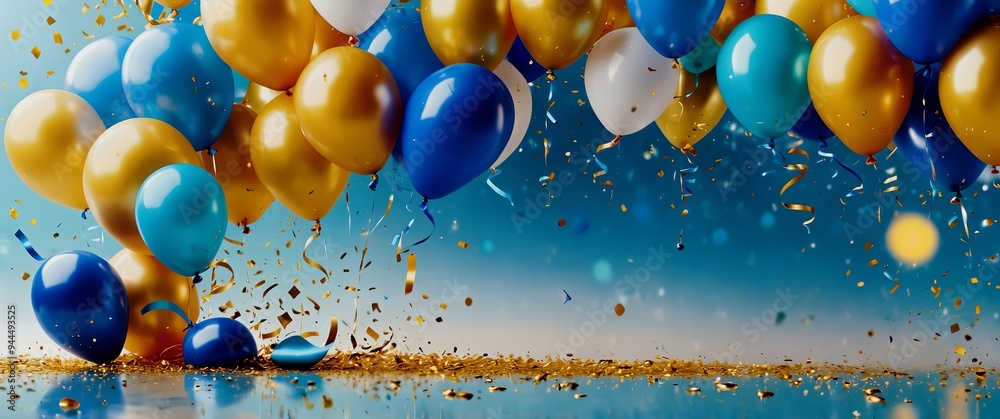 Fototapeta premium Zestaw balonów białych, złotych i niebieskich na błękitnym tle w odświętnych klimacie