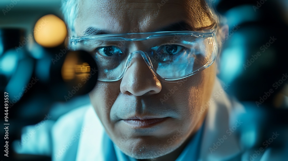 A scientist in a lab coat and safety glasses looks intently through a microscope. A scientist in a lab coat and safety glasses looks intently through a microscope.