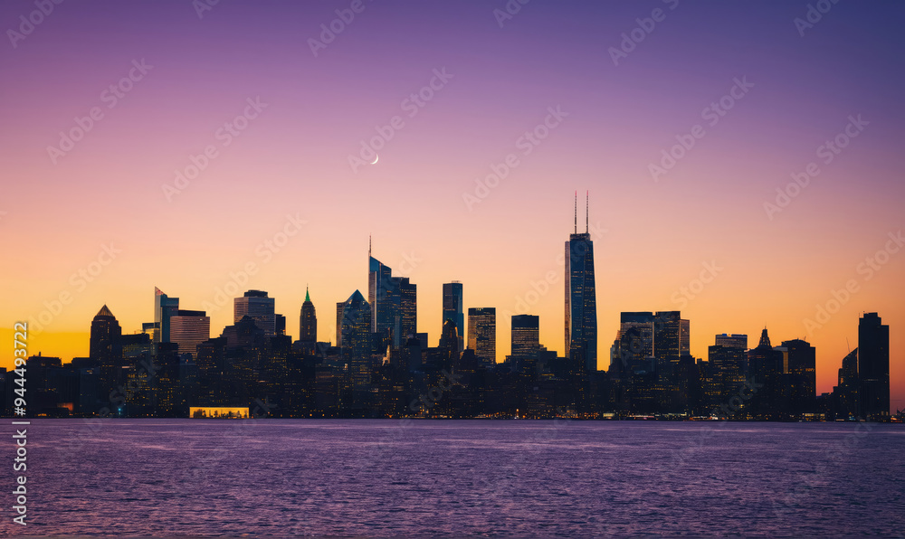 Obraz premium The Chicago skyline is silhouetted against a beautiful sunset, with the moon visible in the sky