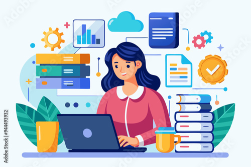 Database system, data network management, security or search, cloud computing technology or file document archive, database administration concept, woman working with computer laptop on database.
