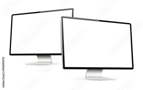 Two computer monitors mockup. Realistic PC with white screen on white background