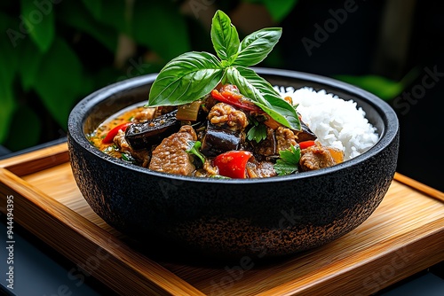 A serving of Gaeng Khiao Waan, green curry with tender beef, Thai eggplant, and basil leaves, served with steamed rice photo