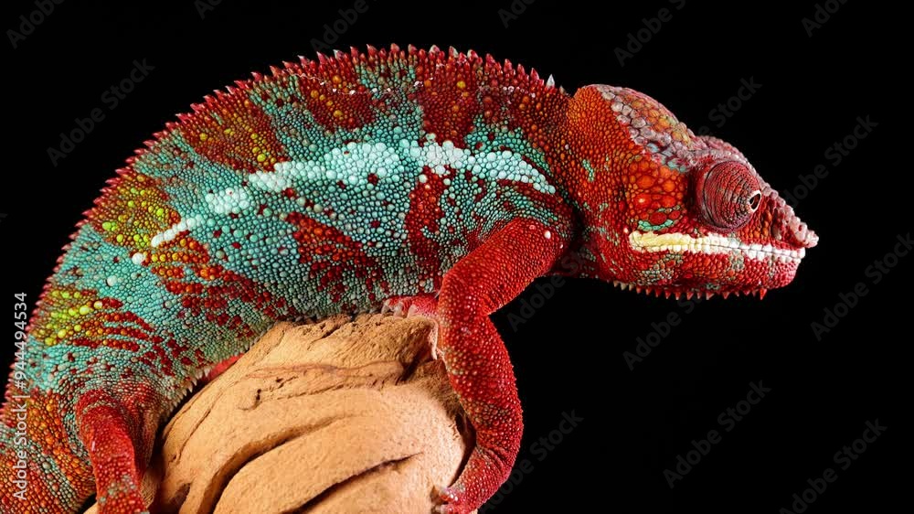 Close-up shot of a beautiful red and green chameleon in front of a black background.