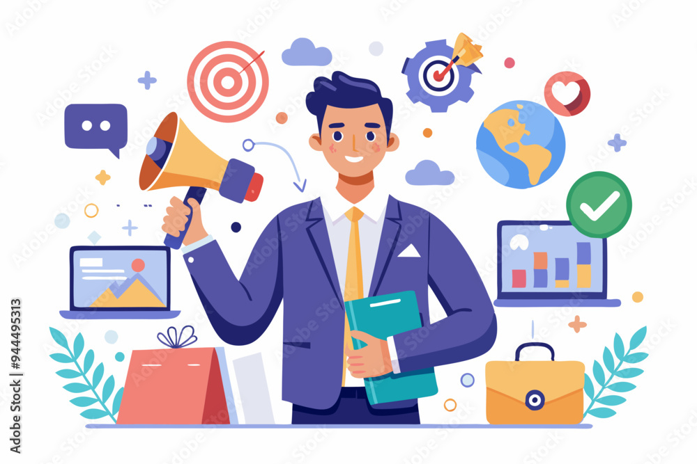 Marketing manager, online advertising, social media content or promotion campaign, customer or consumer target audience, branding communication concept, businessman holding viral marketing elements.
Marketing manager, online advertising, social media content or promotion campaign, customer or consumer target audience, branding communication concept, businessman holding viral marketing elements.