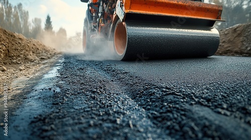 A steamroller flattening fresh asphalt on a newly constructed road photo