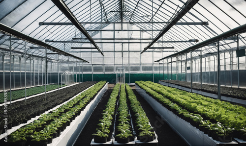 Rows of plants grow inside a large greenhouse