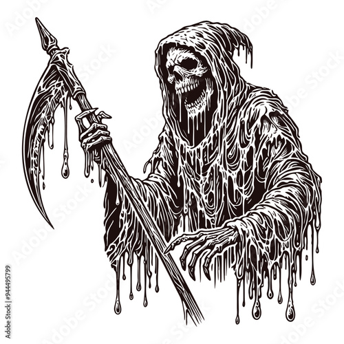 Line art illustration of terrifying Grim Reaper with melting, dripping scythe. Bold black Reaper logo, high-contrast design. Detailed surreal horror artwork for tattoos. Halloween digital vector art	