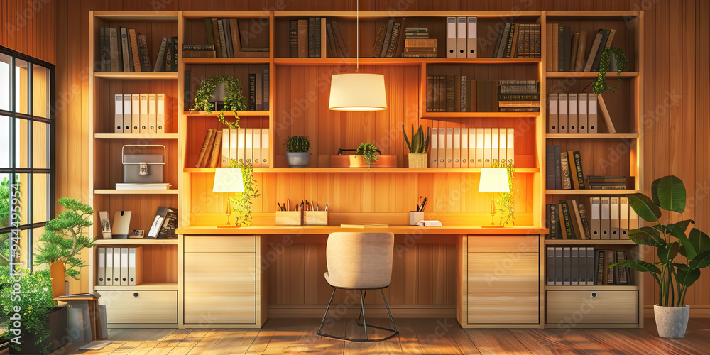 A cozy home office, complete with a desk, bookshelves, and warm accent lighting, offering a comfortable and productive work environment. A cozy home office, complete with a desk, bookshelves, and warm accent lighting, offering a comfortable and productive work environment.
