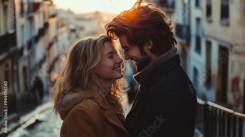 Couple embracing and smiling at sunset on a charming street during a romantic walk in the city