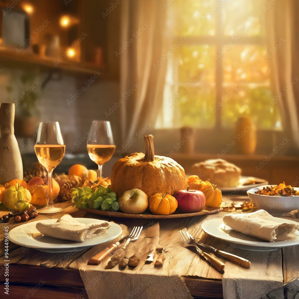 Naklejka premium A rustic kitchen glows warmly at sunset; a Thanksgiving feast, candlelit table, rich textures, and vintage charm create an inviting, cozy atmosphere.